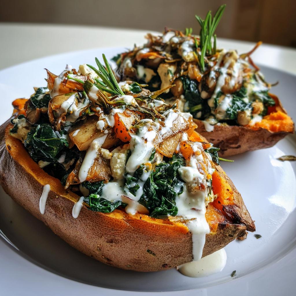 Gefüllte Süßkartoffeln mit Spinat, Champignons, Feta und Rosmarin mit Joghurtsoße - detail 1