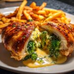 Hähnchen gefüllt mit Brokkoli und Käse Butter Chicken mit Knoblauchsauce und knusprigen Pommes