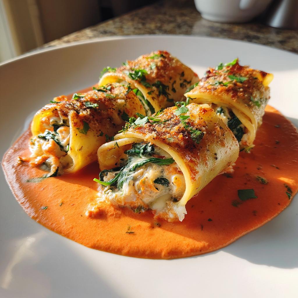 Shrimp and Spinach Stuffed Pasta Rolls with Roasted Red Pepper Cream - detail 1