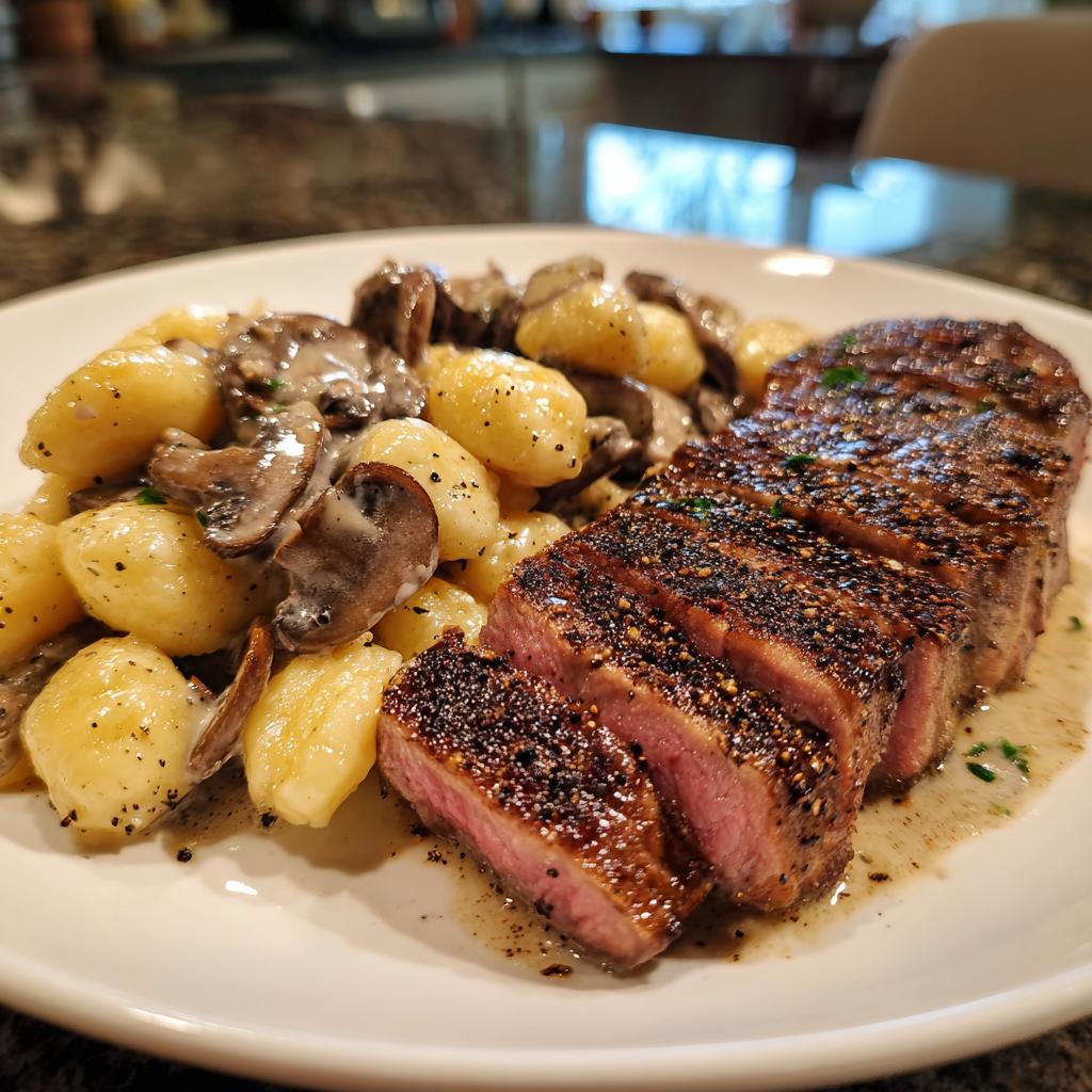 Black Pepper Ribeye with Creamy Mushroom Alfredo Gnocchi