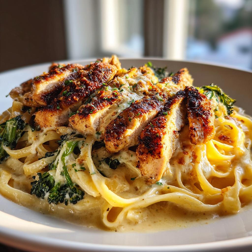 Cajun Honey Garlic Chicken Alfredo with Charred Broccoli Rabe