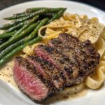 Cajun Peppercorn Steak Alfredo with Charred Green Beans
