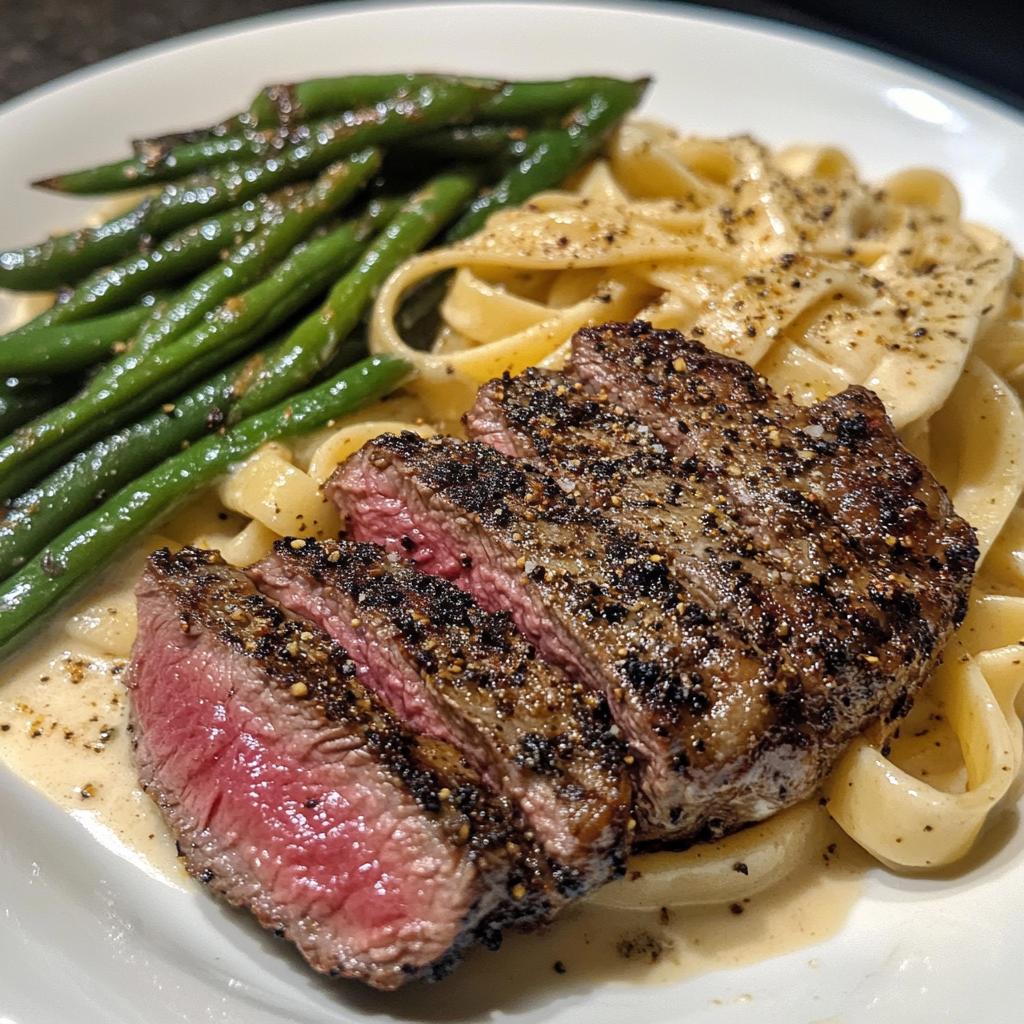 Cajun Peppercorn Steak Alfredo with Charred Green Beans