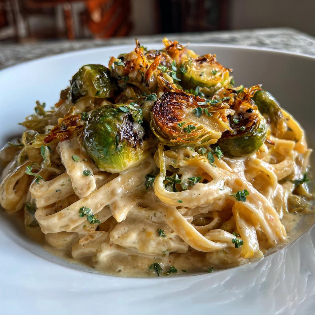 Caramelized Onion & Sage Alfredo Pasta with Roasted Brussels Sprouts