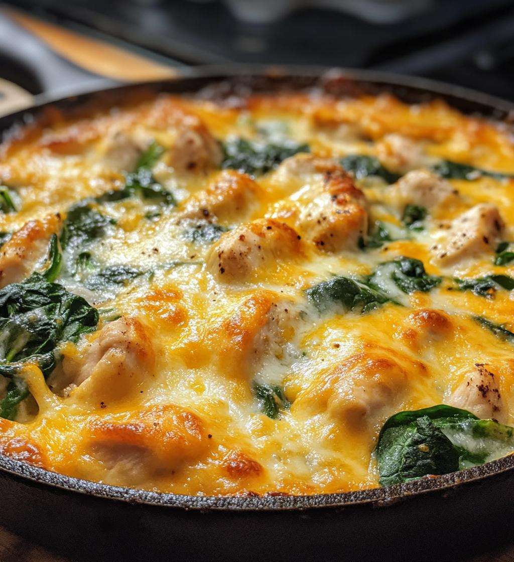 19-Minute Cheesy Spinach &amp; Chicken Skillet Bake Bliss