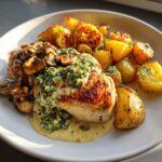 Chestnut Garlic Greek Chicken Alfredo with Sage Potatoes & Mushroom Basil Pesto