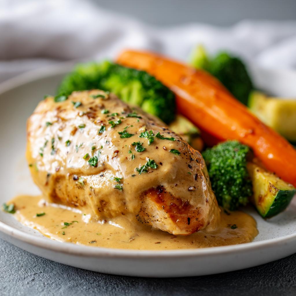 Chicken breast in a creamy mustard sauce with steamed vegetables - detail 1