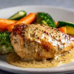 Chicken breast in a creamy mustard sauce with steamed vegetables