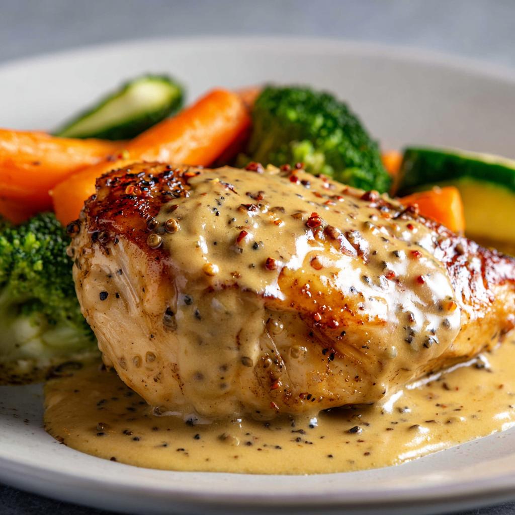 Chicken breast in a creamy mustard sauce with steamed vegetables