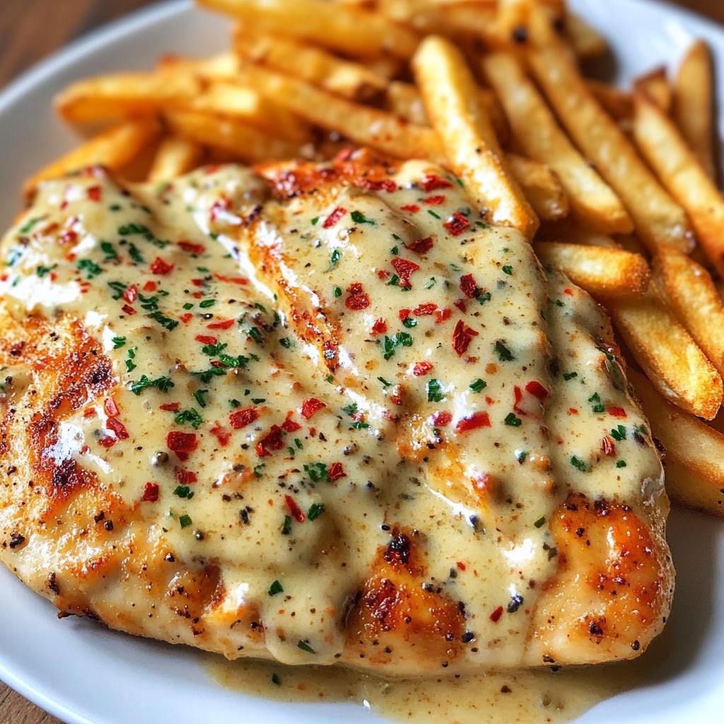 Chicken fillet in a spicy, creamy garlic parmesan sauce with French fries - detail 1