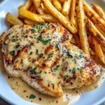 Chicken fillet in a spicy, creamy garlic parmesan sauce with French fries