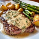 Creamy Garlic Parmesan Steak with Roasted New Potatoes and Asparagus