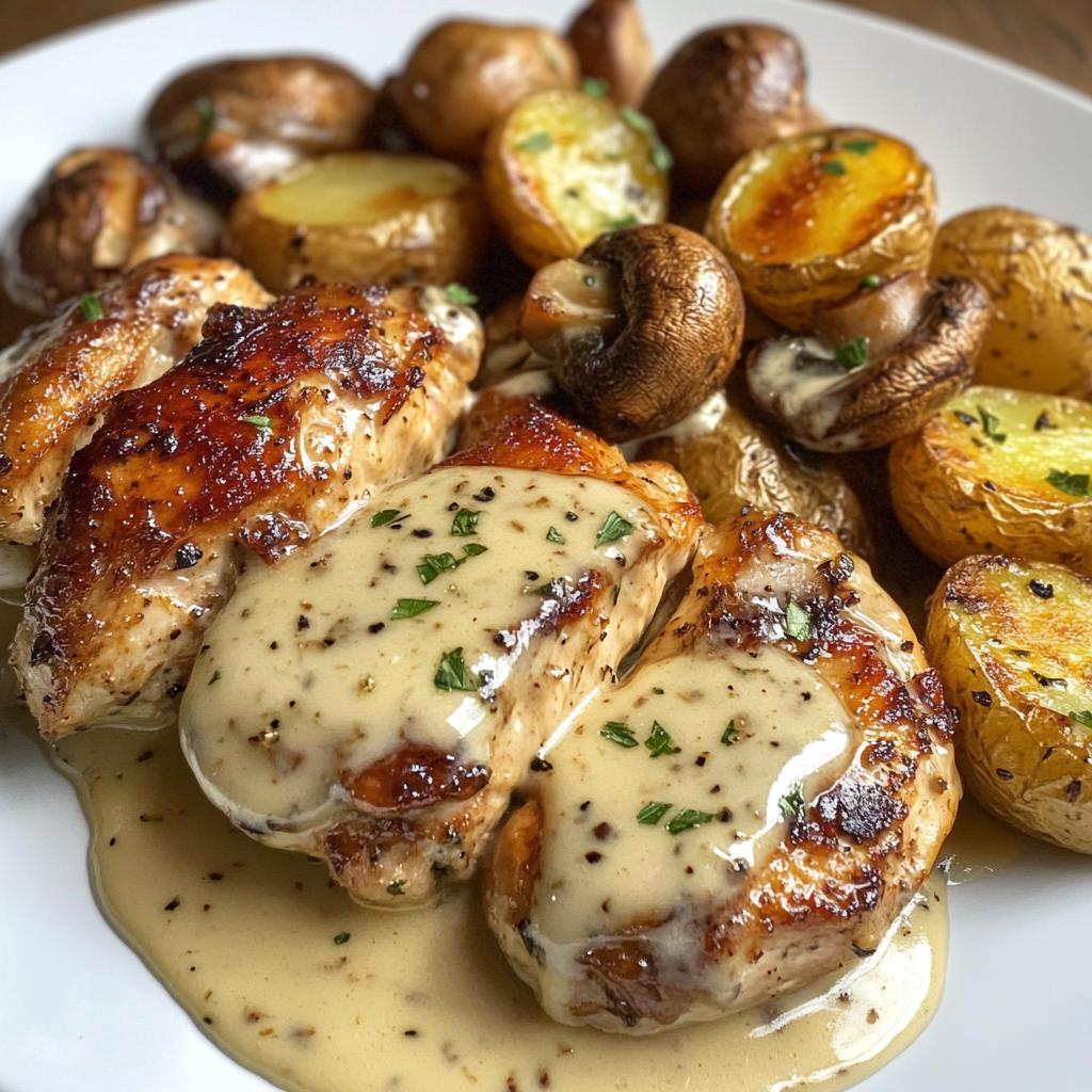 Creamy Mushroom Chicken Alfredo Recipe with Hot Honey Roasted Potatoes - detail 1