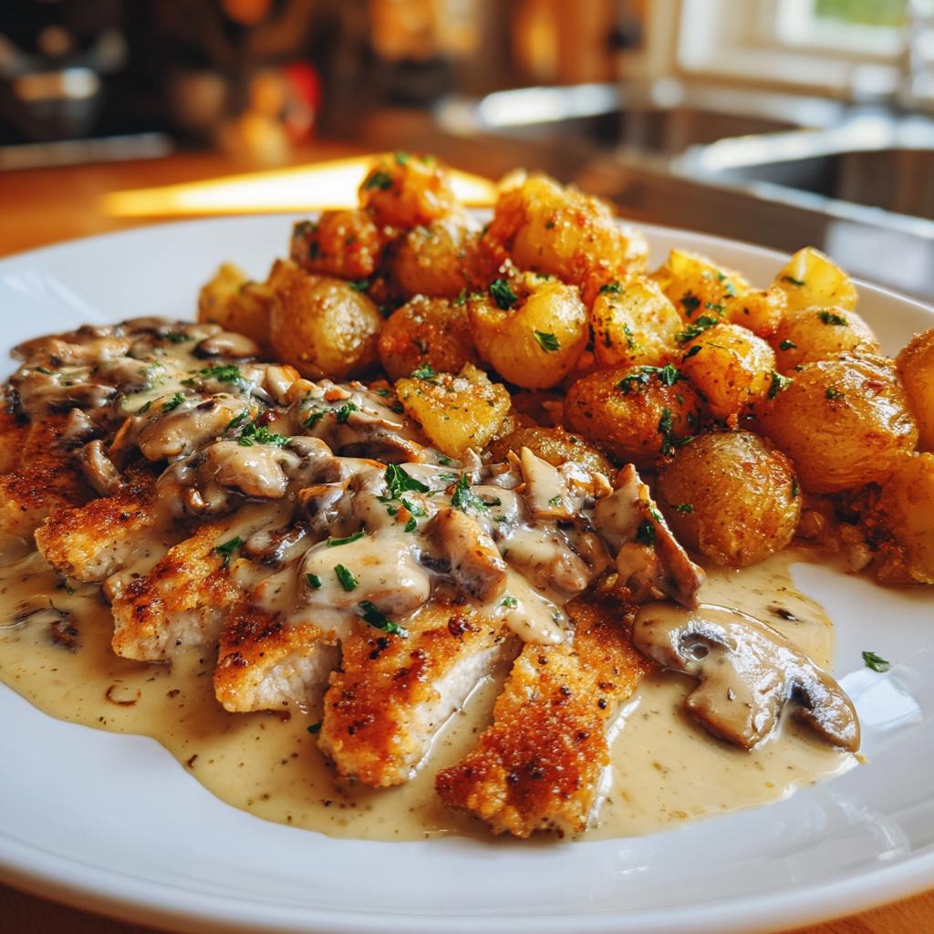 Creamy Mushroom Garlic Chicken Alfredo & Hot Honey Roasted Potatoes