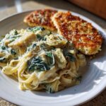 Creamy Spinach Artichoke Alfredo with Crispy Parmesan Flatbread