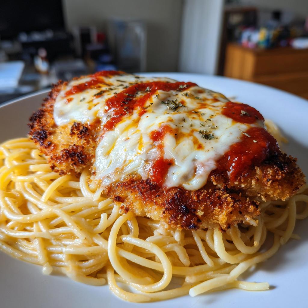 Crispy Chicken Parmesan with Alfredo Spaghetti - detail 1