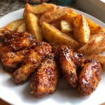 Crispy Honey Garlic Wings with Potato Wedges