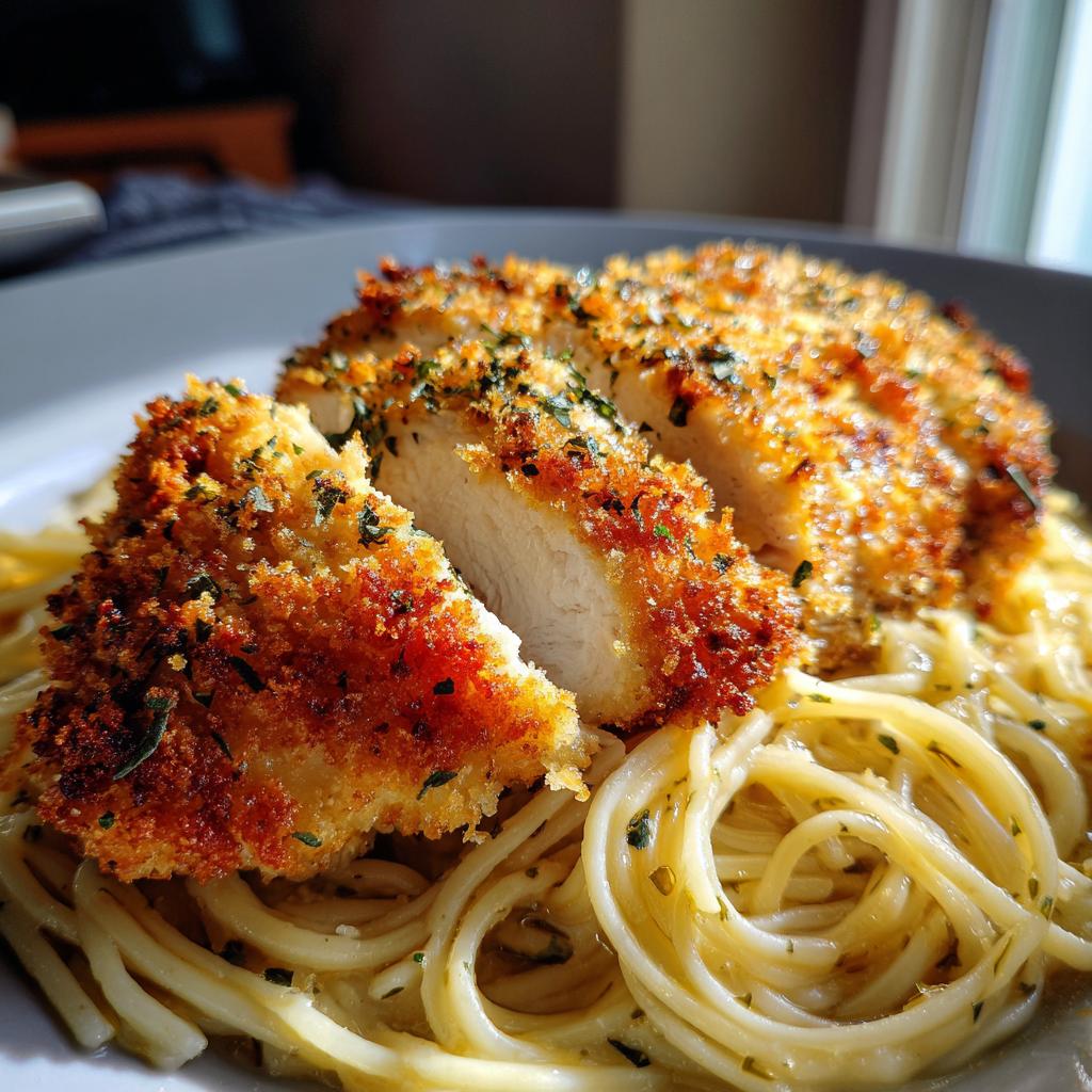 Crispy Parmesan Crusted Chicken with Garlic Pasta - detail 1