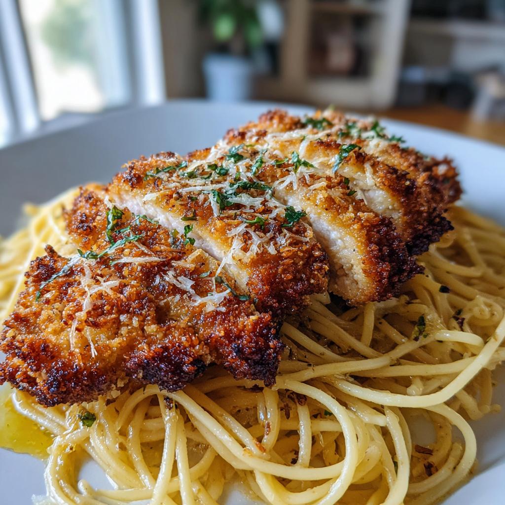 Crispy Parmesan Crusted Chicken with Garlic Pasta