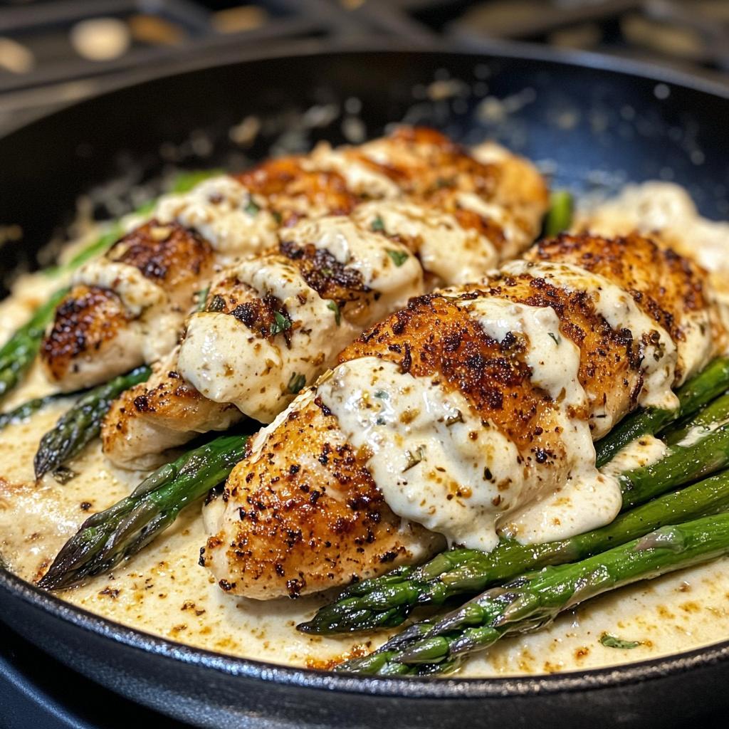 Delicious Greek Chili Chicken Alfredo with Smoked Feta Cream & Crispy Parmesan Asparagus