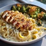Garlic Butter Chicken Alfredo with Crispy Parmesan Broccoli