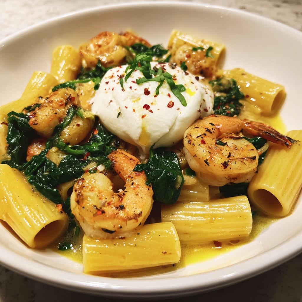 Garlic Butter Shrimp & Spinach Rigatoni with Creamy Burrata - detail 1