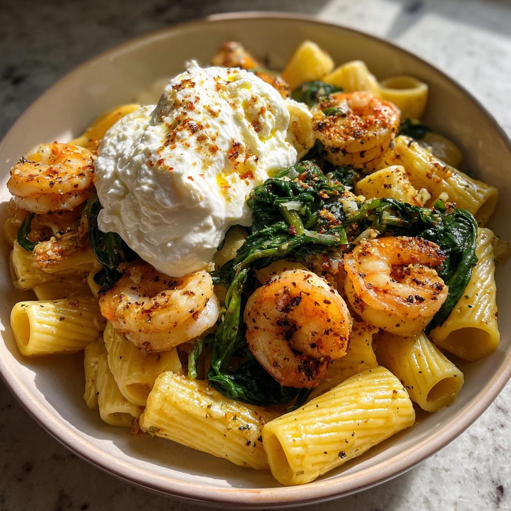 Garlic Butter Shrimp & Spinach Rigatoni with Creamy Burrata
