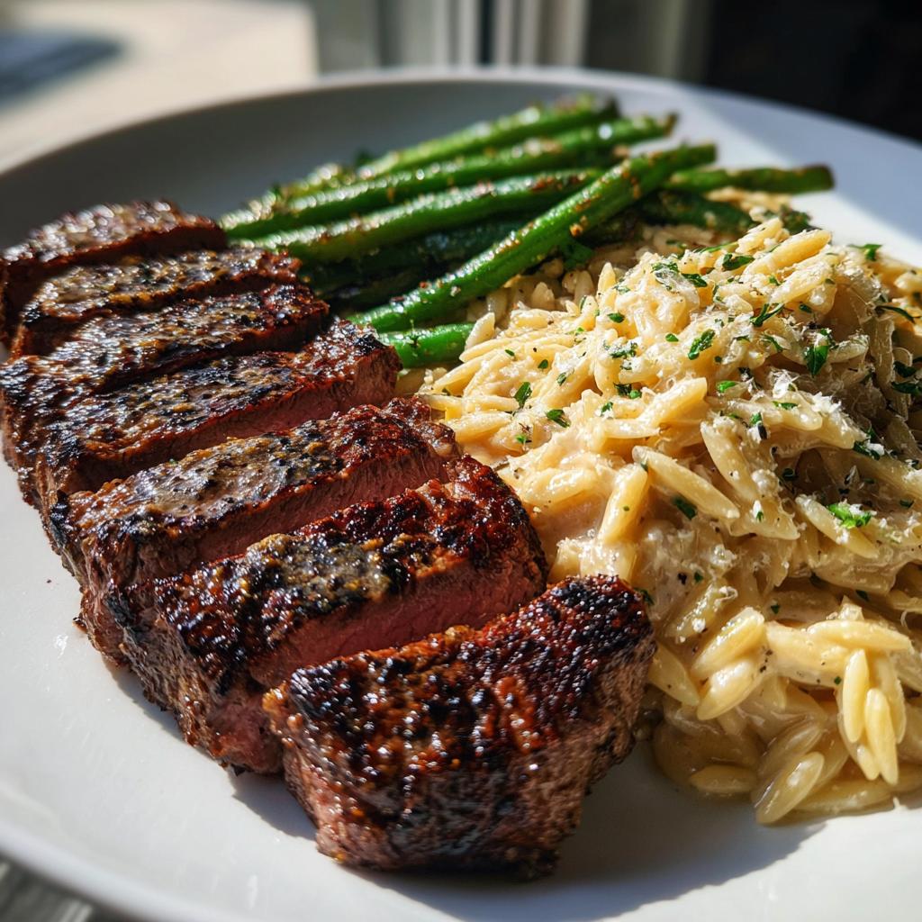Garlic Butter Strip Steak with Truffle Alfredo Orzo and Parmesan Green Beans