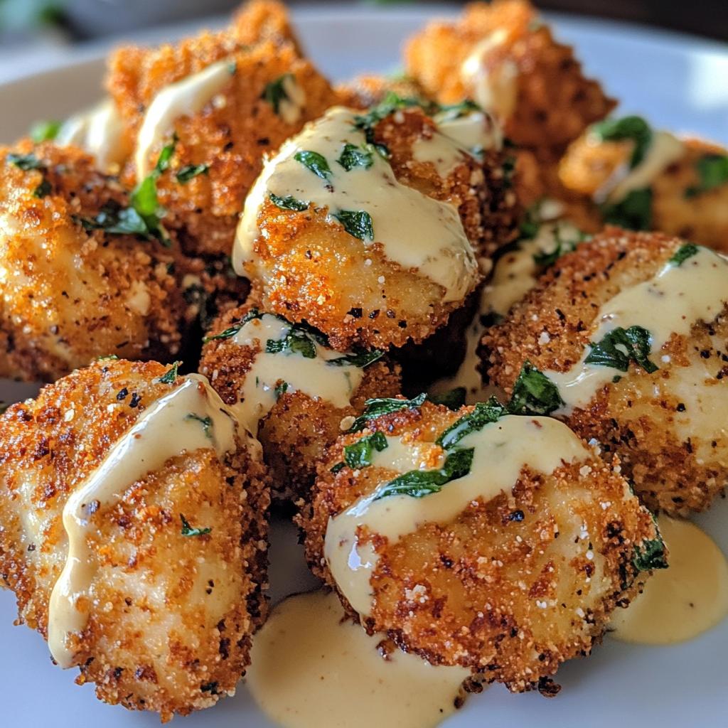 Garlic Parmesan Chicken Bites with Hot Cajun Alfredo & Crispy Spinach Twists