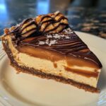 Golden Caramel Cheesecake with Chocolate Ganache Drizzle & Sea Salt Crunch