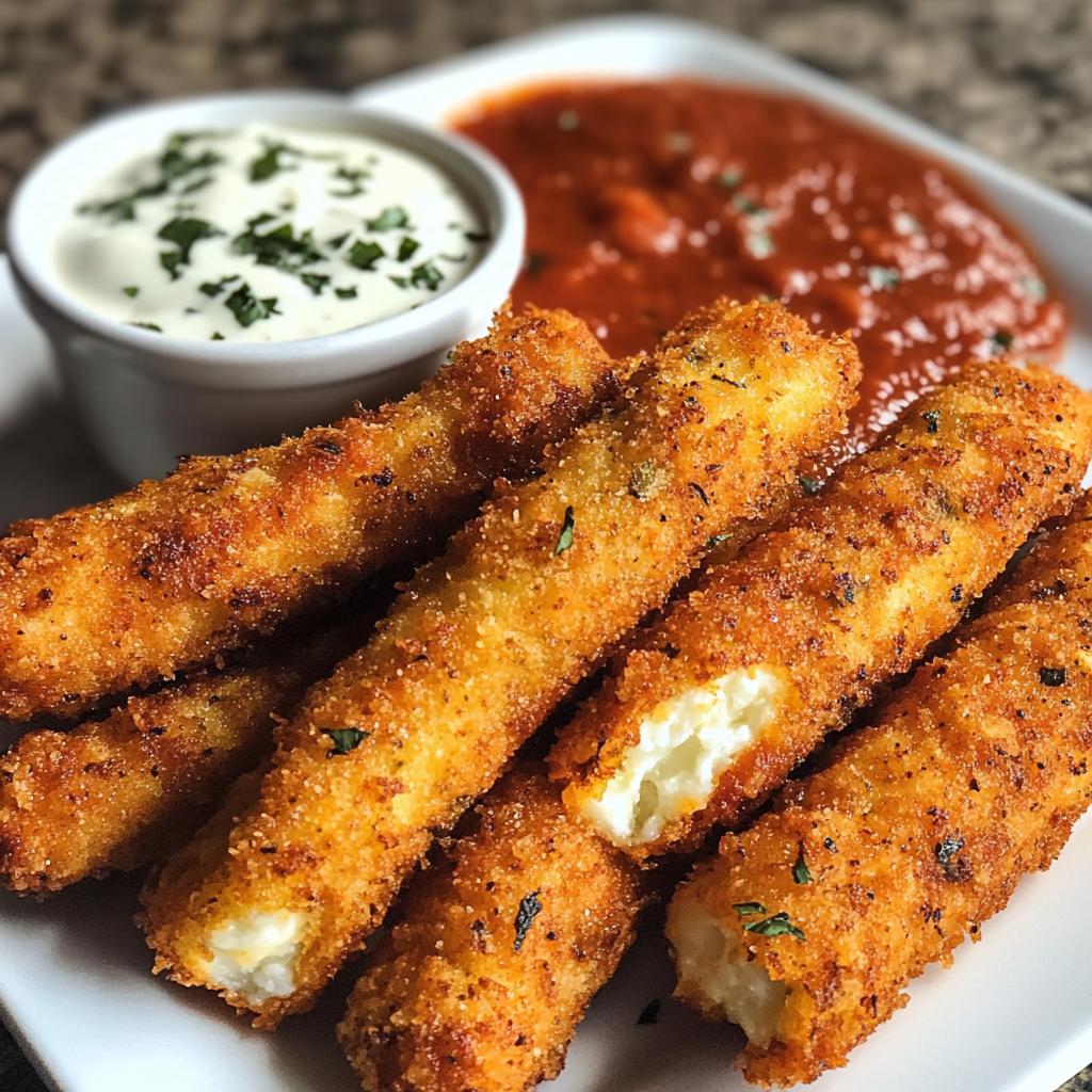 Golden, crispy mozzarella sticks served with rich marinara sauce and a creamy dip. - detail 1