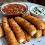 Golden, crispy mozzarella sticks served with rich marinara sauce and a creamy dip.