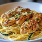 Honey Garlic Butter Chicken Alfredo with Crispy Parmesan Zucchini Spirals
