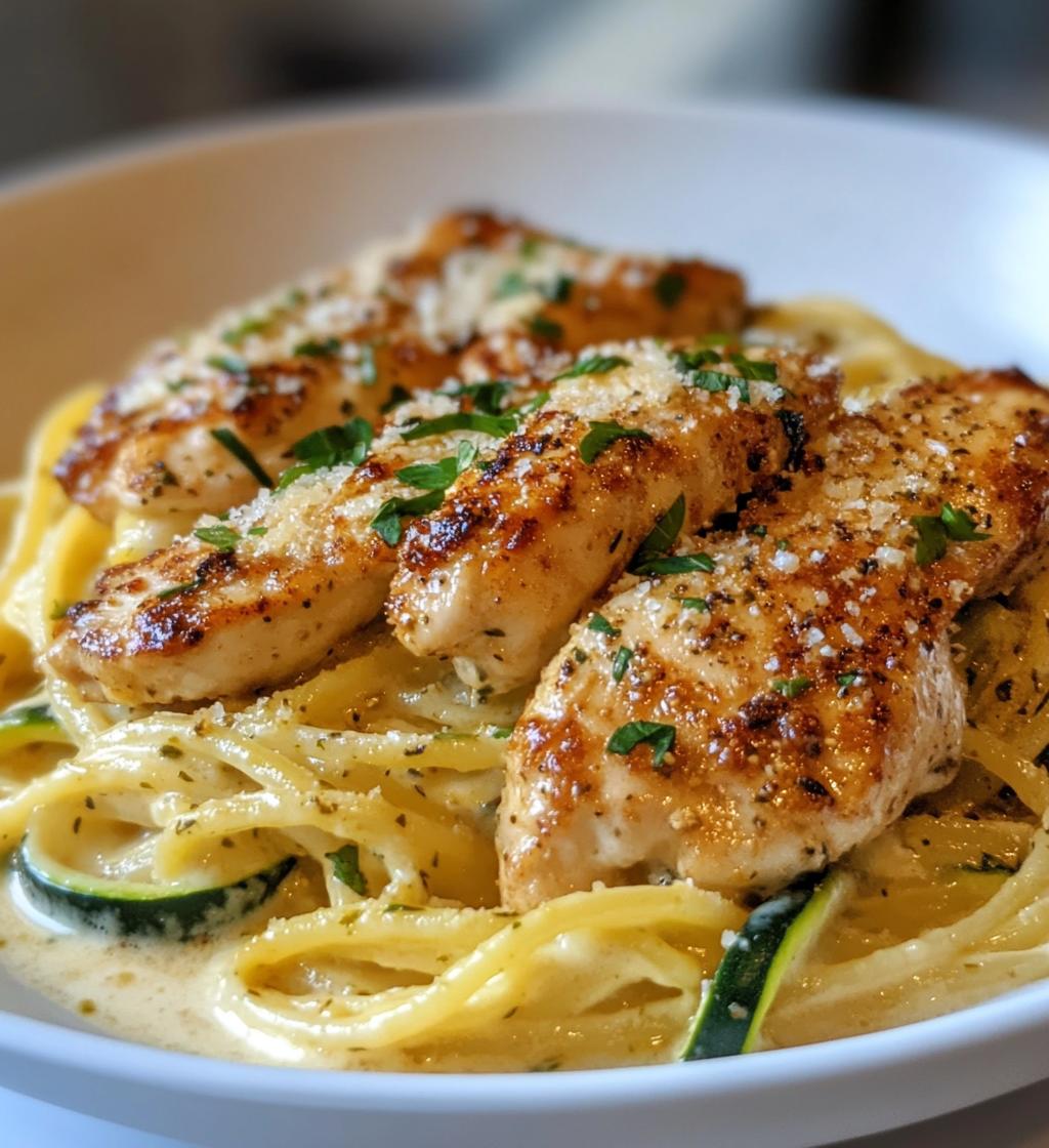 Honey Garlic Butter Chicken Alfredo with Crispy Parmesan Zucchini Spirals