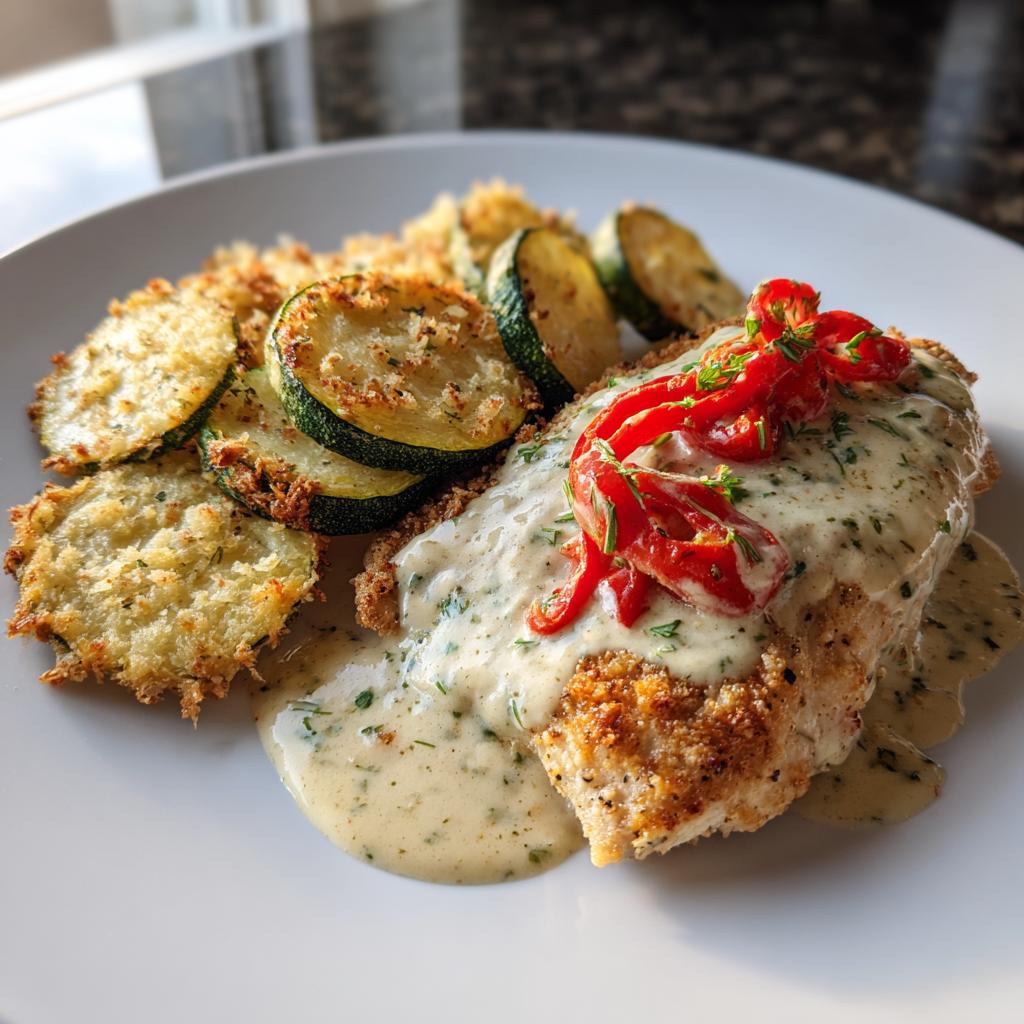 Lemon Dill Chicken Alfredo with Roasted Red Pepper Whipped Feta & Crispy Parmesan Zucchini - detail 1