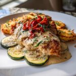 Lemon Dill Chicken Alfredo with Roasted Red Pepper Whipped Feta & Crispy Parmesan Zucchini