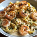 Lemon Garlic Shrimp Alfredo with Crispy Zucchini Ribbons