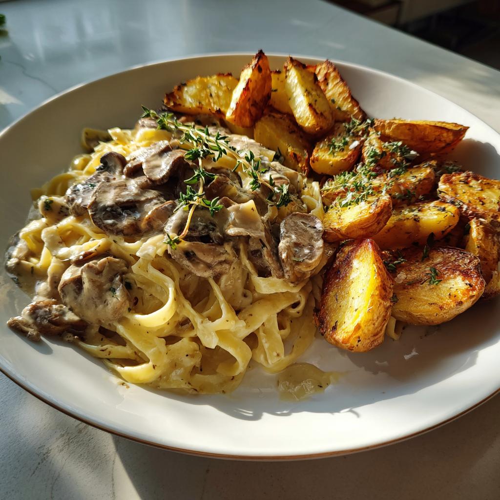 Mushroom Truffle Alfredo with Garlic Thyme Roasted Potatoes