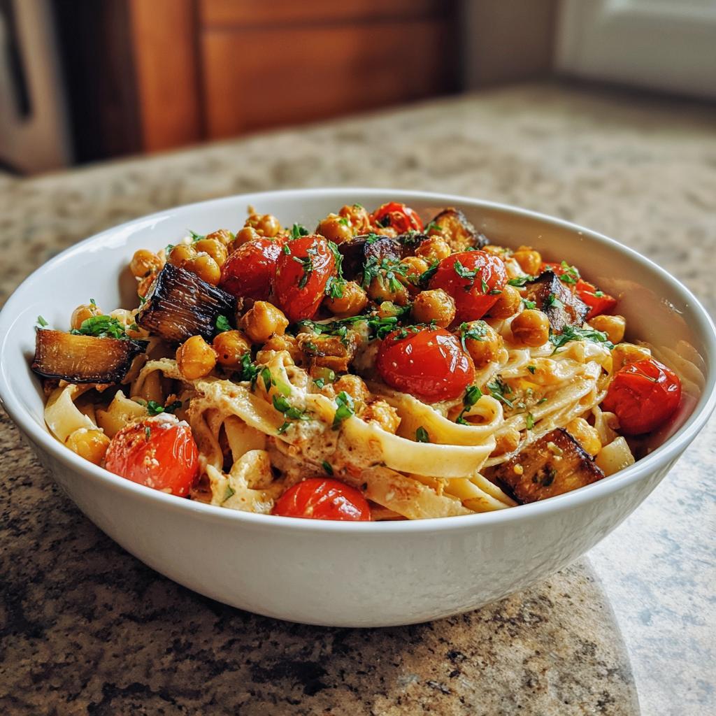 Roasted Eggplant & Tomato Pesto Alfredo with Crispy Chickpeas