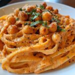 Roasted Red Pepper Pesto Alfredo with Crispy Chickpeas