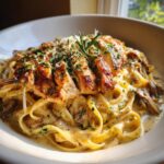 Rosemary Garlic Chicken Alfredo with Roasted Mushroom Gorgonzola Sauce