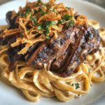 Smoked BBQ Short Rib Alfredo with Crispy Onion Straws
