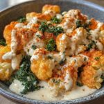 Spicy Cajun Cauliflower Alfredo with Parmesan Kale Chips