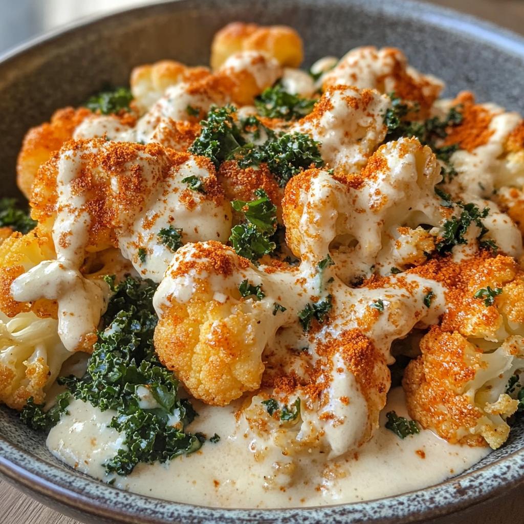 Spicy Cajun Cauliflower Alfredo with Parmesan Kale Chips