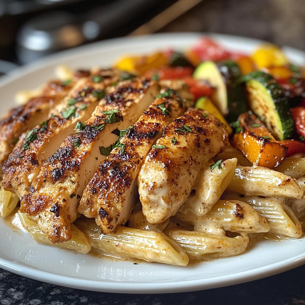 Spicy Cajun Chicken with Creamy Alfredo Penne & Roasted Veggies