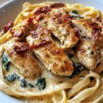 Spicy Sun-Dried Tomato Chicken Alfredo with Crispy Parmesan Spinach Chips
