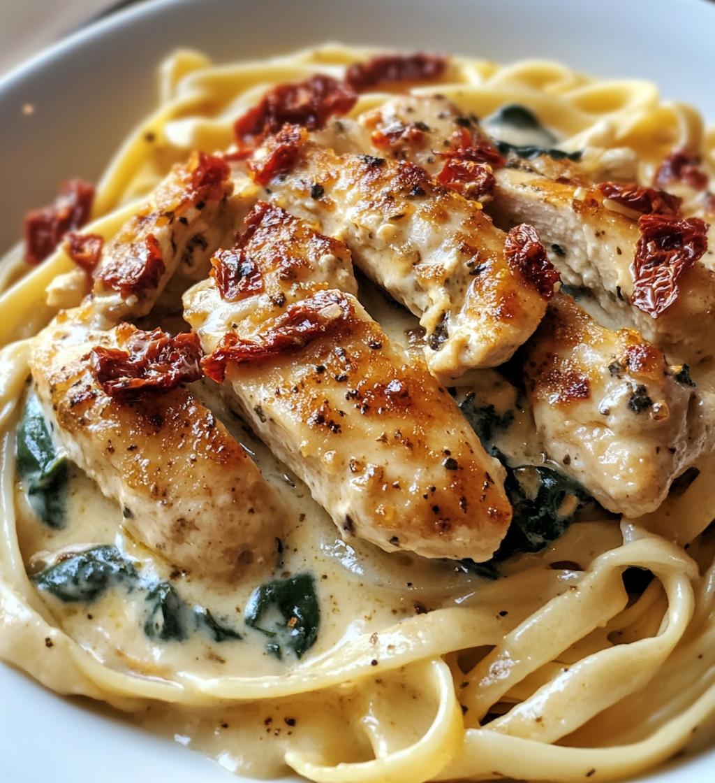 Spicy Sun-Dried Tomato Chicken Alfredo with Crispy Parmesan Spinach Chips