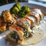 Spinach-Artichoke Greek Chicken Alfredo & Crispy Parmesan Broccoli with Mushroom Basil Cream