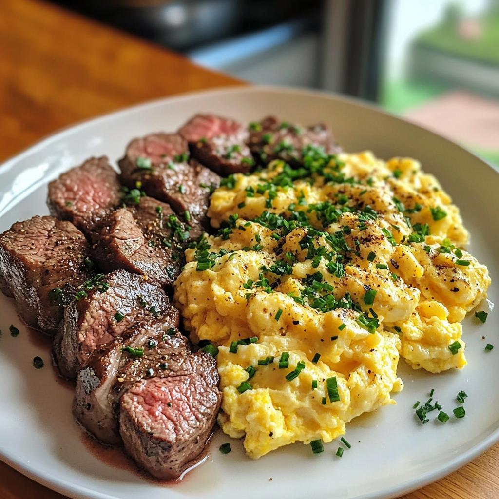 Tender Steak Bites with Scrambled Eggs and Herbs - detail 1