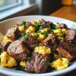 Tender Steak Bites with Scrambled Eggs and Herbs